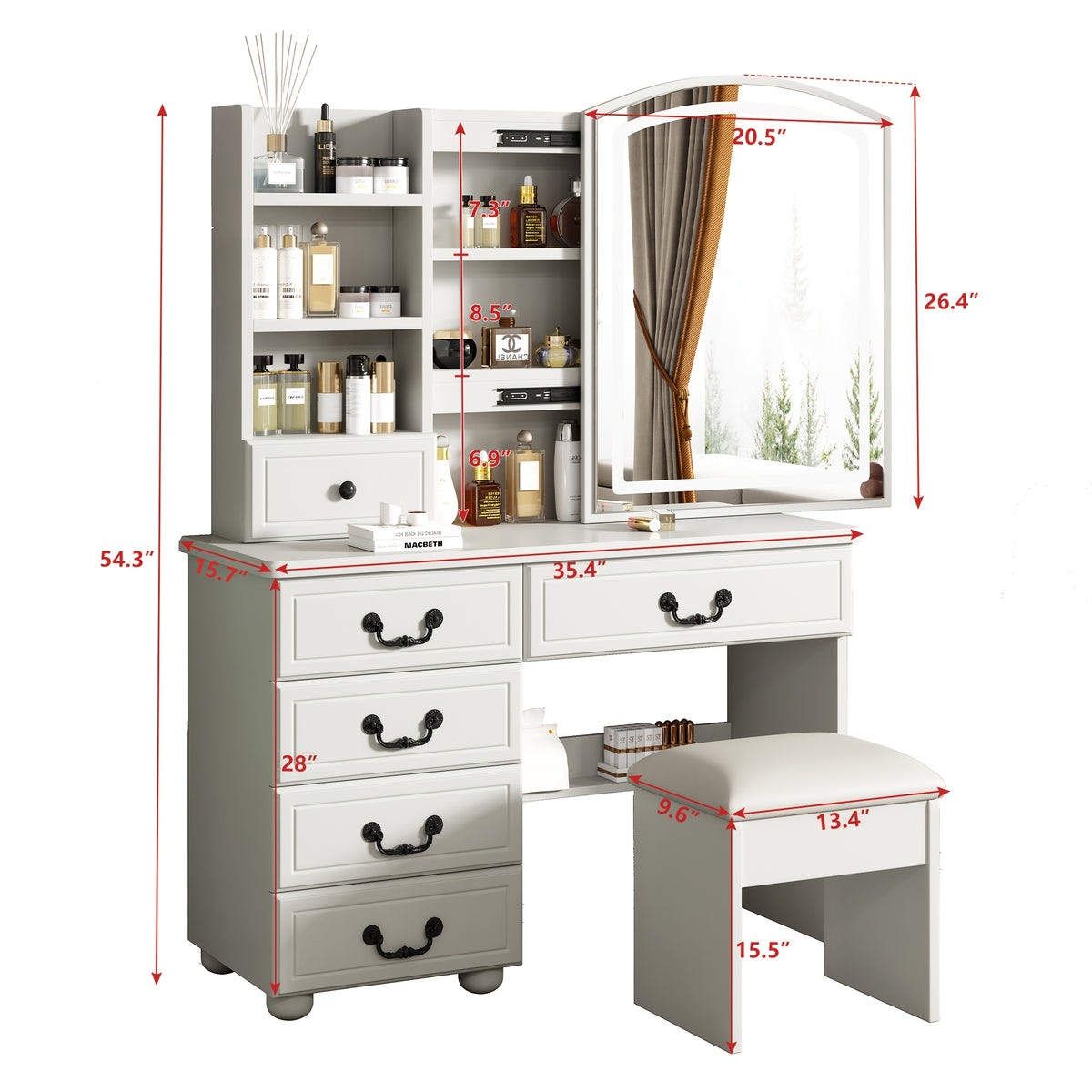 White Dressing Table with Sliding Mirror And Stool 4 Drawers Home High-End Bedroom Dressing Cabinet Integrated Small Apartment