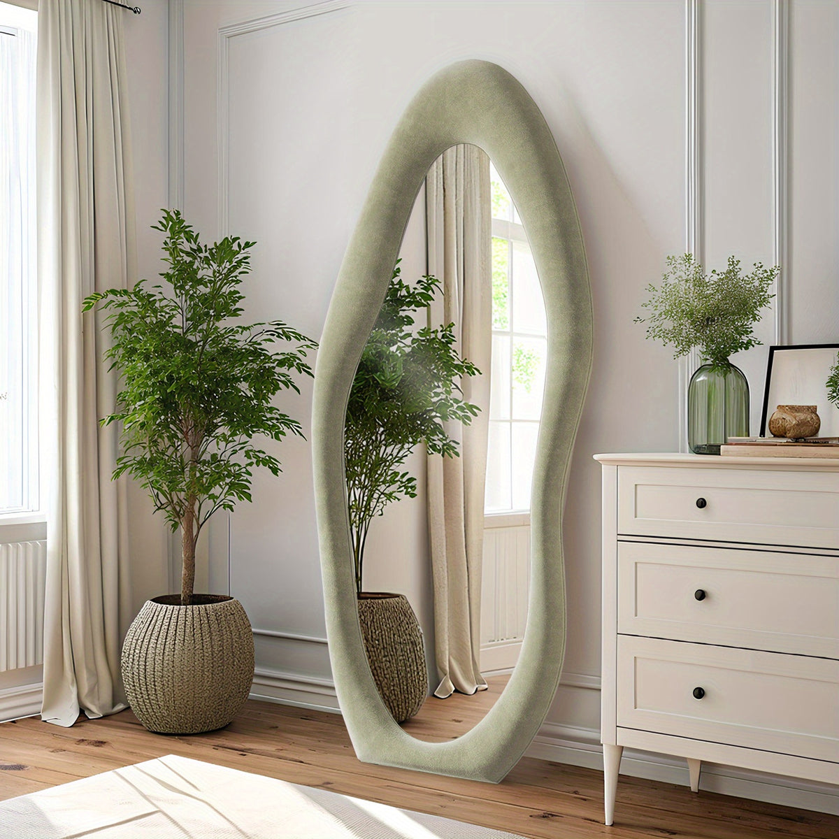 63 X 24 Inches Full Length Mirror Irregular Full Body Wall Mounted Floor Mirror with Stand Ivory Flannel Frame Leaning Hanging Wall Mirror for Bedroom Entrance