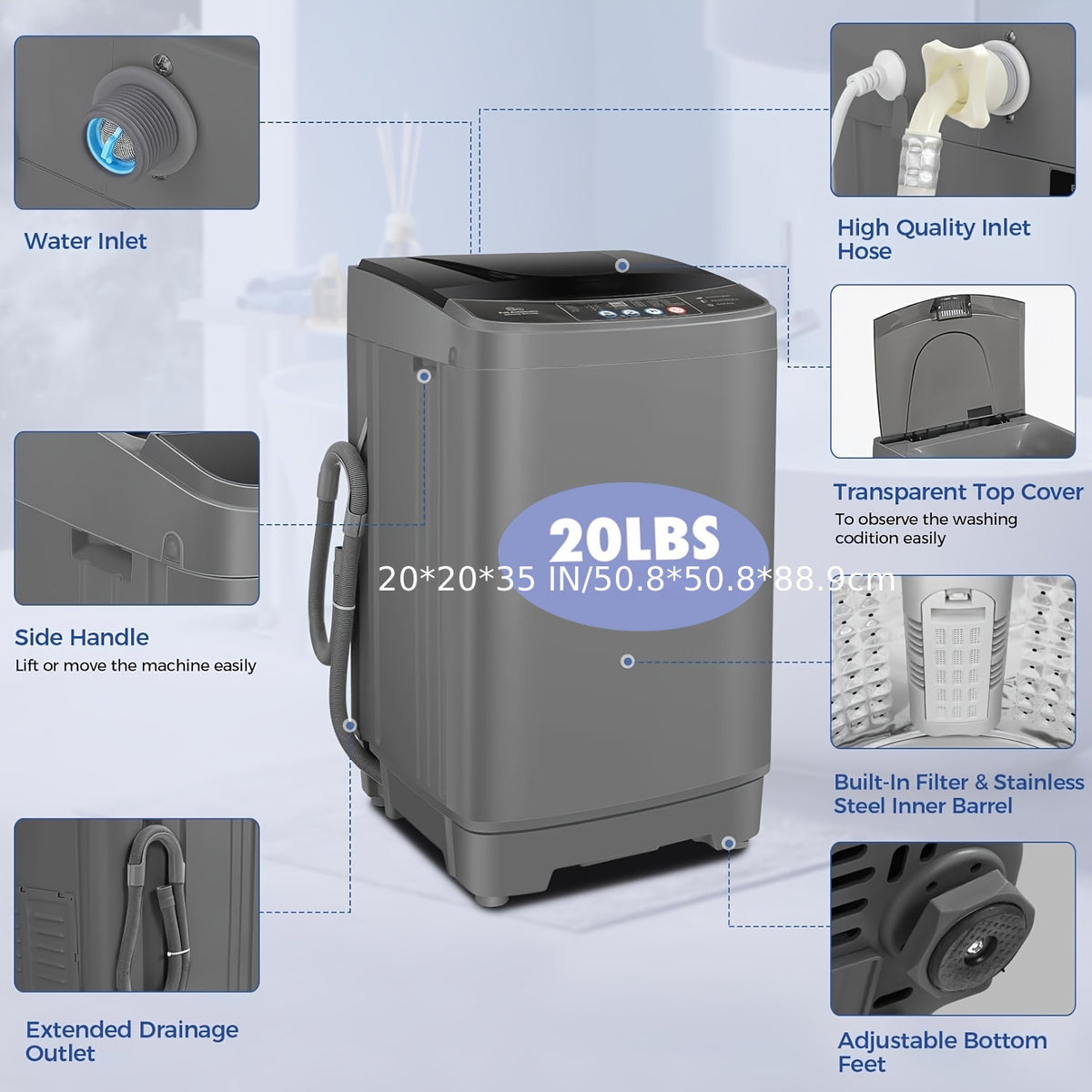 Portable Washing Machine 17.8Lbs/20Lbs Capacity, 2.4 Cu.Ft Full-Automatic Portable Washer Machine with 10 Programs And 8 Water Levels Selections, Low Noise, LED Display, Washing Machine for Apartment, Home, Dorms