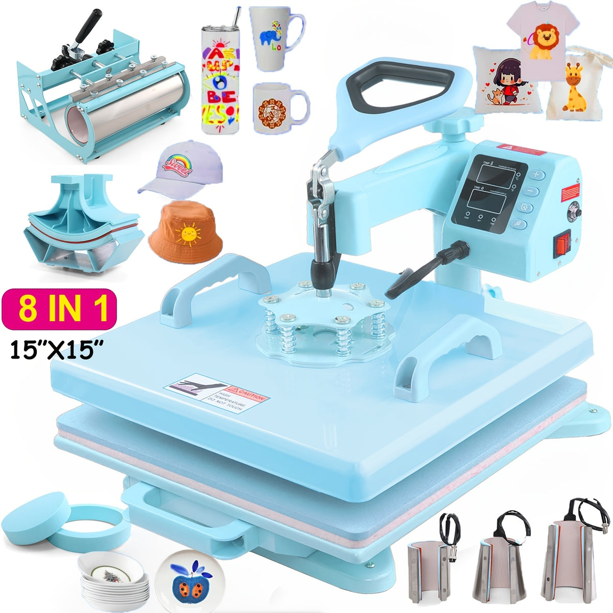 11pcs 8-in-1 - 15"x15"/12"x15" Heat Press Set for T-Shirts, Bags, Pillows, Hats, Beanies, Roller - 12"x10" T-Shirt Machine(Weight 25.35 Lbs) & 15"x15" Auto Single-Workbench & 15"x15" Auto Dual-Workbench Heat Press Only for Cloth, Shirts, Canvas Bags