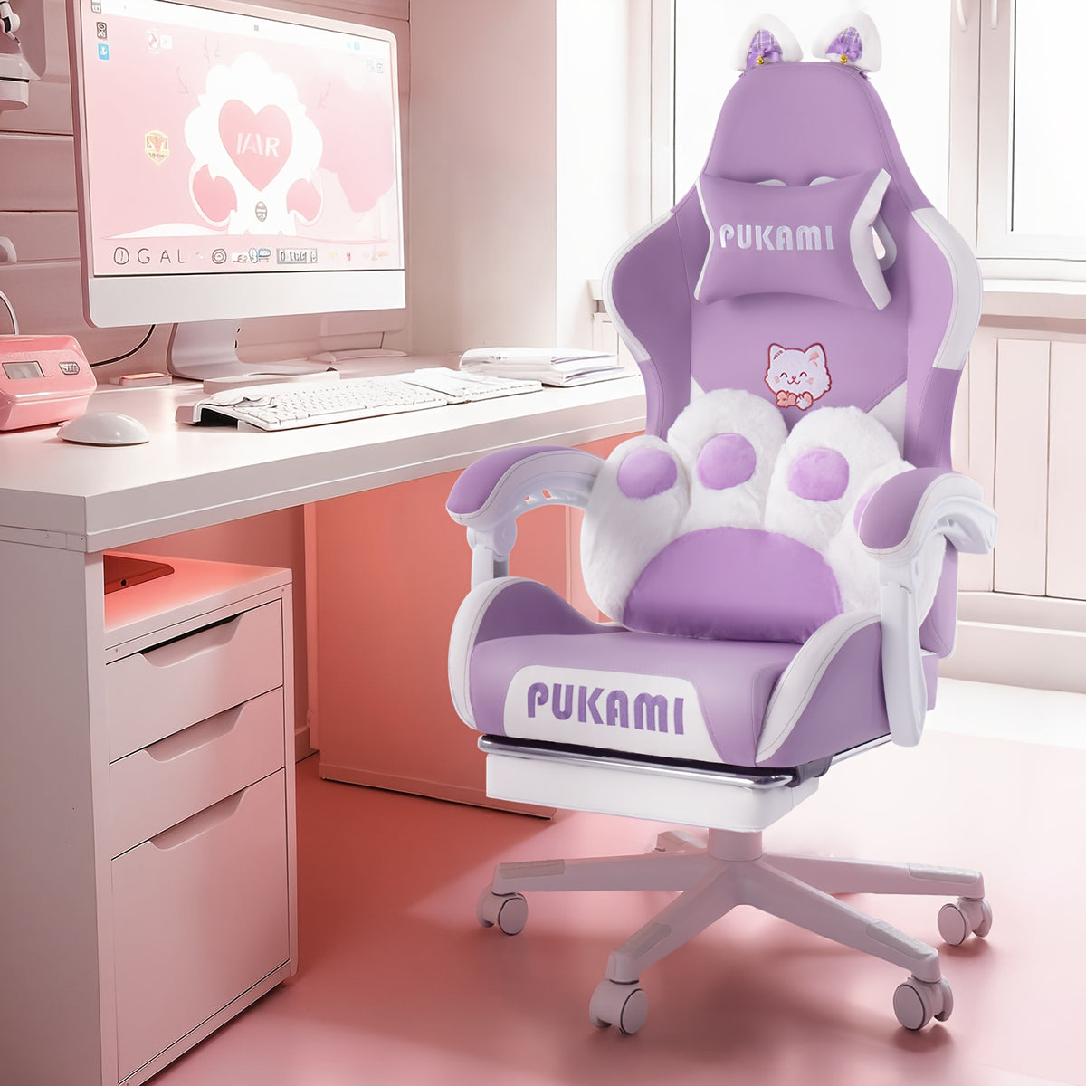 Adorable Pink Gaming Chair Featuring Cat Ears And a Paw-Shaped Lumbar Cushion, Designed Ergonomically For, Complete with a Footrest And Headrest, Providing a Cozy Reclining Experience for Both Adults And Teens