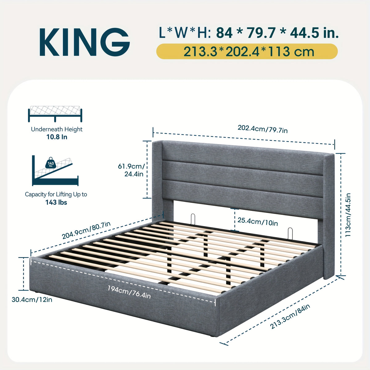 WEEWAY Lift Up Storage Bed, Modern Wingback Upholstered Headboard, Hydraulic Platform Bed, Wooden Slats Support, Heavy Duty Mattress Foundation, No Box Spring Needed, Easy Assembly, Full/Queen/King Size, for House Bedroom Furniture, Free Shipping
