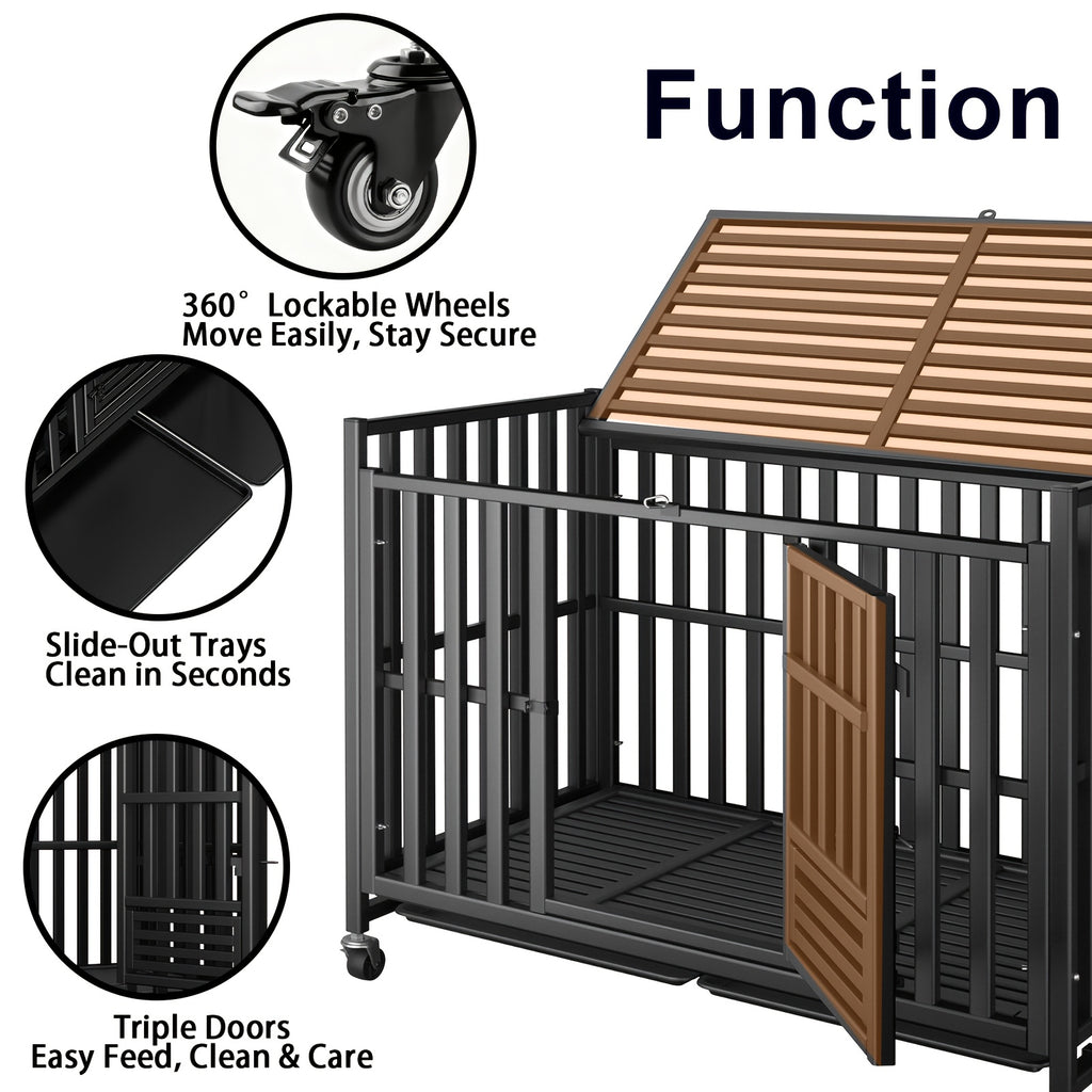 Extra Large Heavy Duty Dog Cage, 43.2 Inch - Indestructible Metal Kennel, Escape-Proof, with Lockable Wheels And Triple Doors, Ideal for High-Anxiety Pets, Indoor/Outdoor Use, High-Anxiety Pet Cage