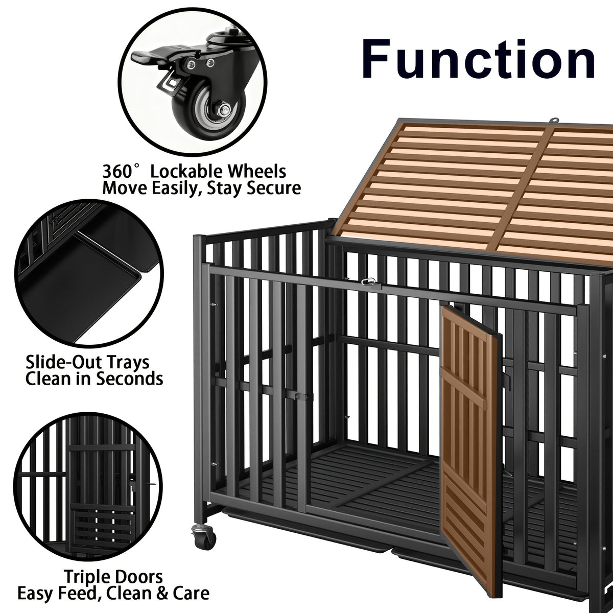 Extra Large Heavy Duty Dog Cage, 43.2 Inch - Indestructible Metal Kennel, Escape-Proof, with Lockable Wheels And Triple Doors, Ideal for High-Anxiety Pets, Indoor/Outdoor Use, High-Anxiety Pet Cage