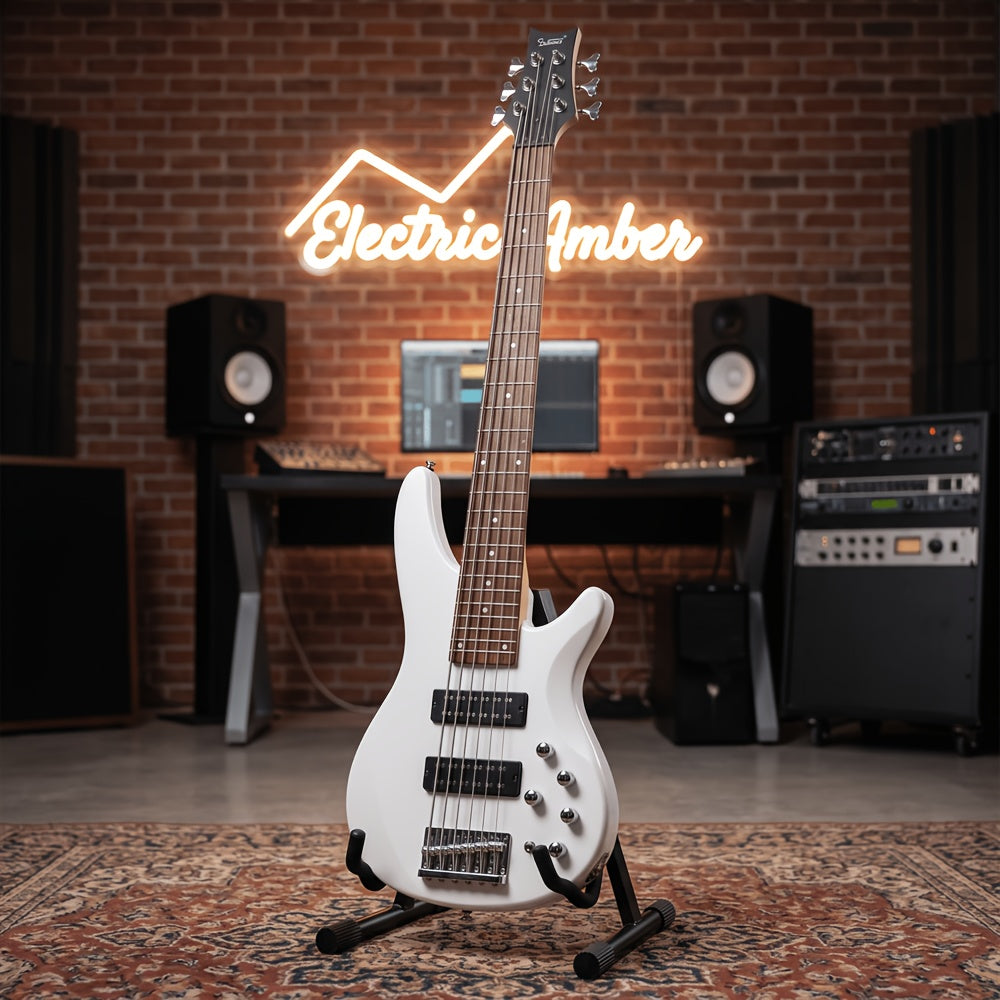White Electric Bass Guitar with 44 Inch GIB, 6 Strings, H-H Pickups, Laurel Wood Fingerboard, And Included Bag And Additions