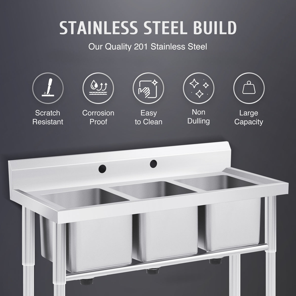 Commercial Stainless Steel Sink with Strainer 39" W × 17.7" D × 37.4" H, Kitchen Sink Station Utility Sink for Home Laundry Room Garage, 3 Compartment Sink for Bar Restaurant
