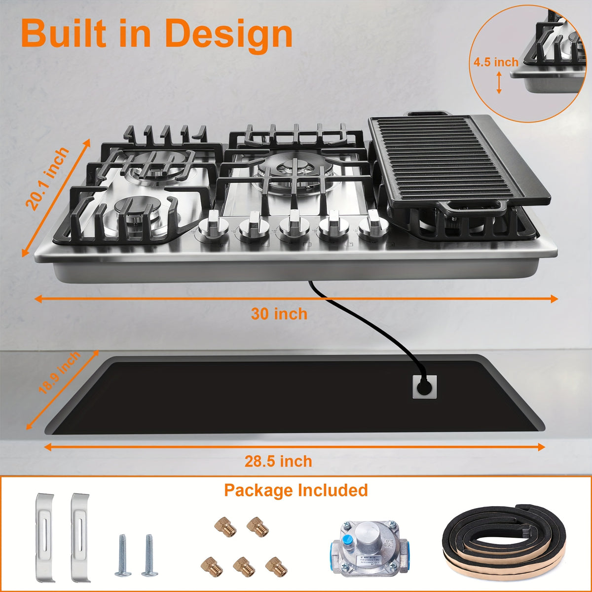 Bulit-In Gas Cooktop 30 Inch with Griddle, 5 Italy SABAF Powerful Burners, Max 48300 BTU Gas Stove Top, 304 Stainless Steel Panel, NG/LPG Convertible