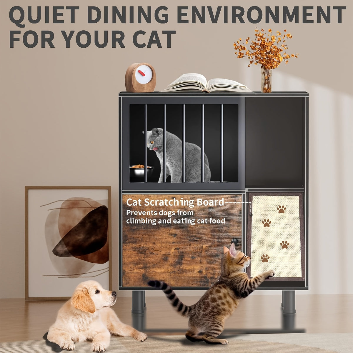 Dog-Proof Wood Cat Feeding Station with Lockable Storage And 2 Removable Stainless Steel Bowls - Anti-Spill Cat Condo with Scratching Board for Indoor Multi-Pet Homes