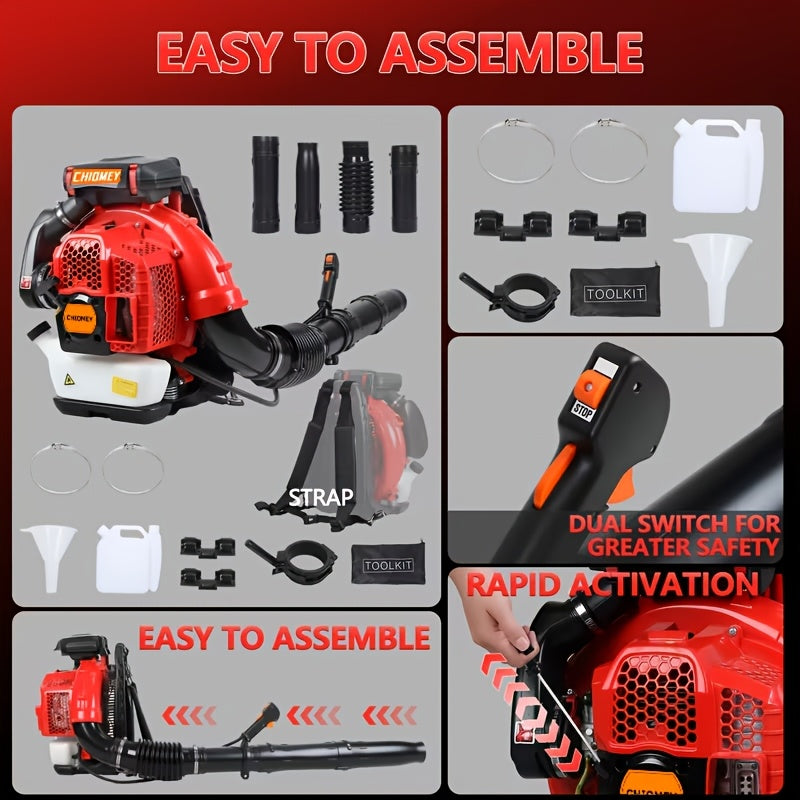 80cc 900 CFM High-speed Airflow Lawn Blower, Air-cooled Gasoline Backpack-style Lawn Blower, Snow Blower, for Efficient Lawn And Debris Cleaning. Ergonomic And Low-vibration, Cruise Control, Ideal for Year-round Backyard Maintenance.