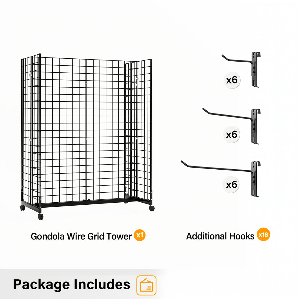 Bonnlo 5' X 2' Floorstanding Gondola Grid Wall Tower, Wire Grid Panel With Rolling Base And Hooks For Retail Display