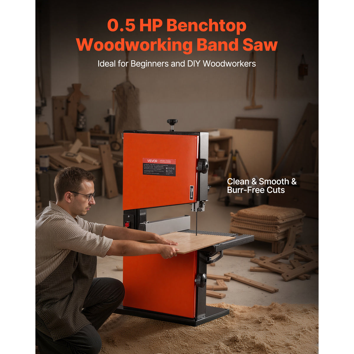 VEVOR Band Saw, 9-Inch, Woodworking Benchtop Bandsaw with 1/2 HP Motor, 3.5-Inch Max Cutting Height, 11.8 x 11.8 in Cast Aluminum Table, 0-45° Tilting Range, with Miter Gauge, Fence, for Woodworking