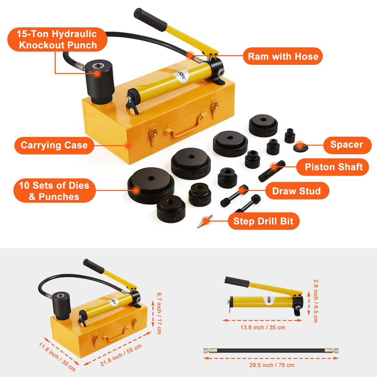 Hydraulic Knockout Punch Kit, VEVOR 15-Ton Conduit Hole Cutter for Wire Pipelines and Construction Sites