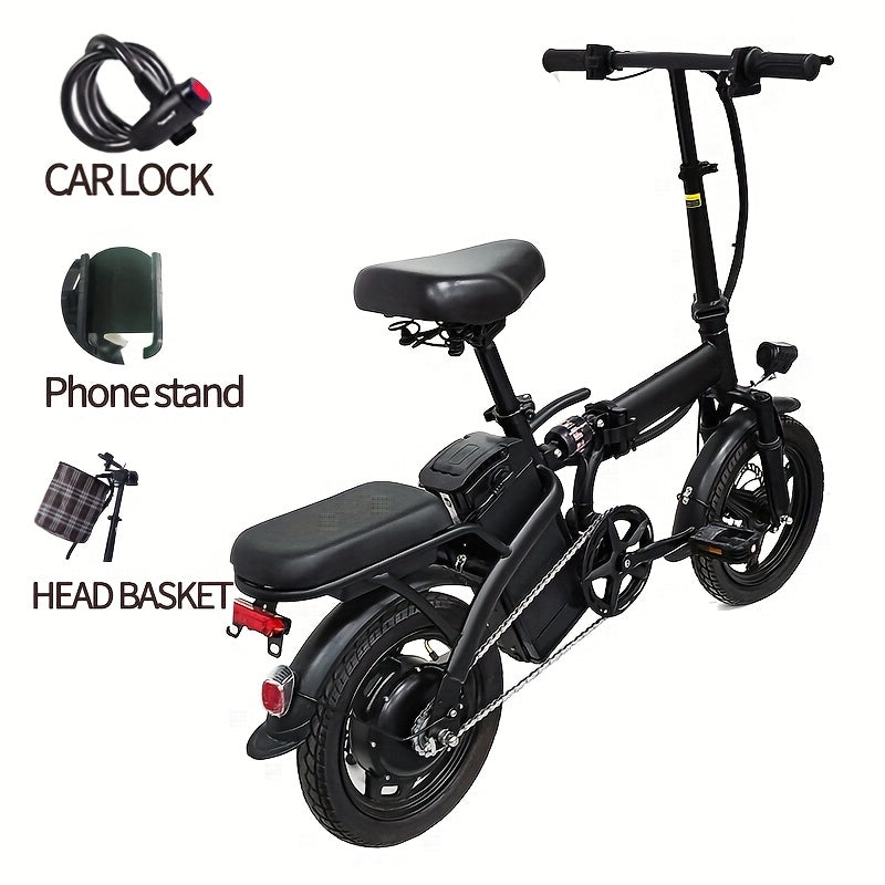 14-inch Lightweight Folding Electric Bicycle, 330 Lbs Load Capacity, 19 Mph Top Speed, Long-Lasting Battery, 48V Removable Lithium Battery with 18-28 Miles of Range, Front Headlight & Disc Brakes, Alloy Steel Frame, Black, for Urban Commuting
