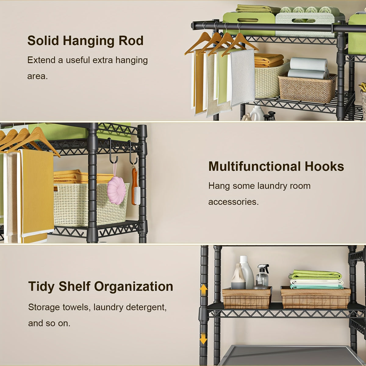 Extra Wide 6-Tier Laundry Room Shelf With 2 Hanging Rods - Freestanding Carbon Steel Storage Organizer Over Washer Dryer, 57.8"W X 22"D X 77.4"H, Black Adjustable Drying Rack, Standing Shelf