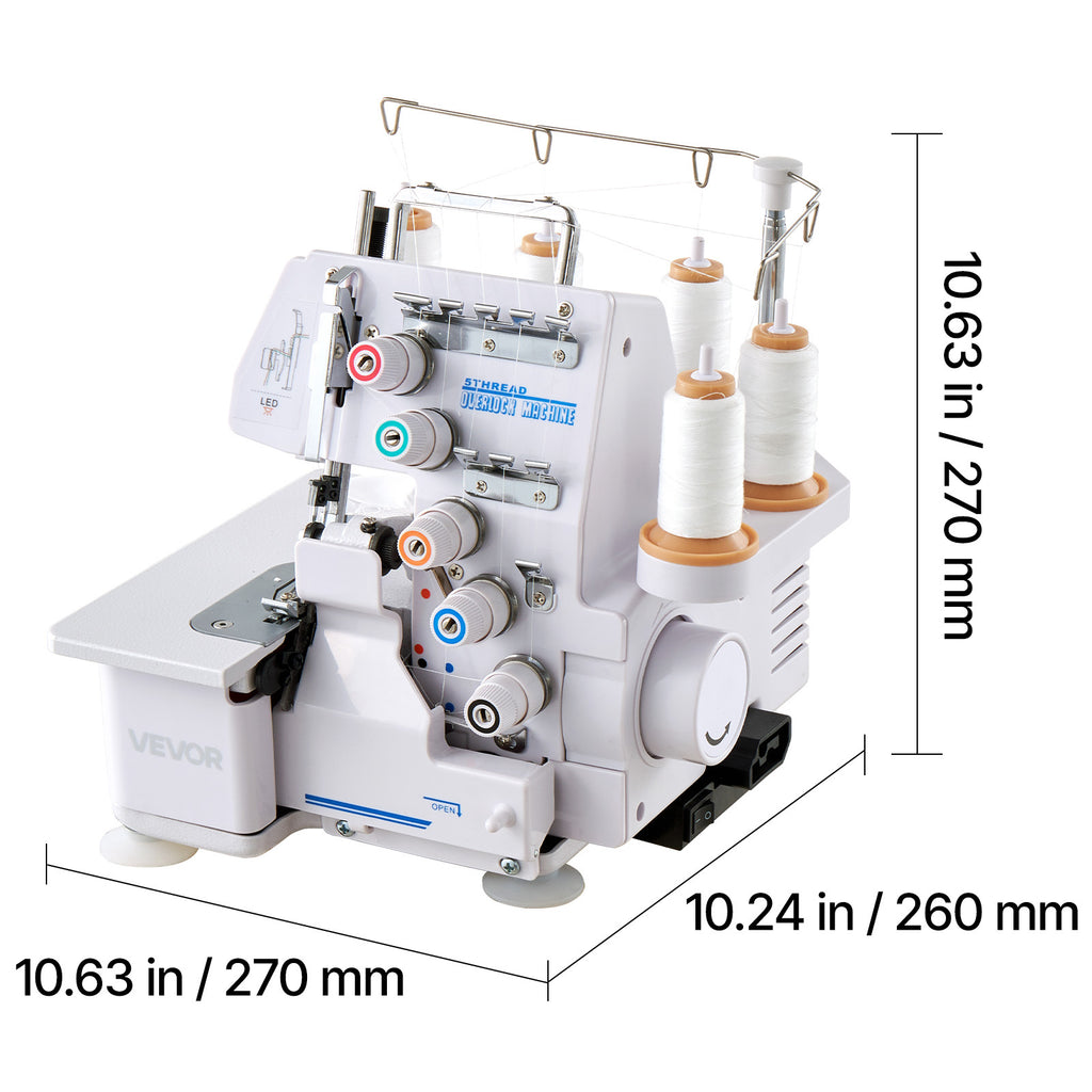 VEVOR Serger Overlock Sewing Machine, 1250 Stitches Per Minute, 2-3-5 Thread Capability, with LED Light and Strong Suction Feet, Heavy-Duty Metal Frame Sewing Machine for Various Fabrics, White