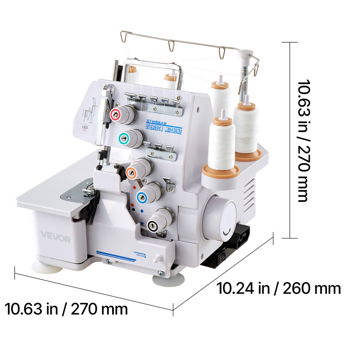 VEVOR Serger Overlock Sewing Machine, 1250 Stitches Per Minute, 2-3-5 Thread Capability, with LED Light and Strong Suction Feet, Heavy-Duty Metal Frame Sewing Machine for Various Fabrics, White