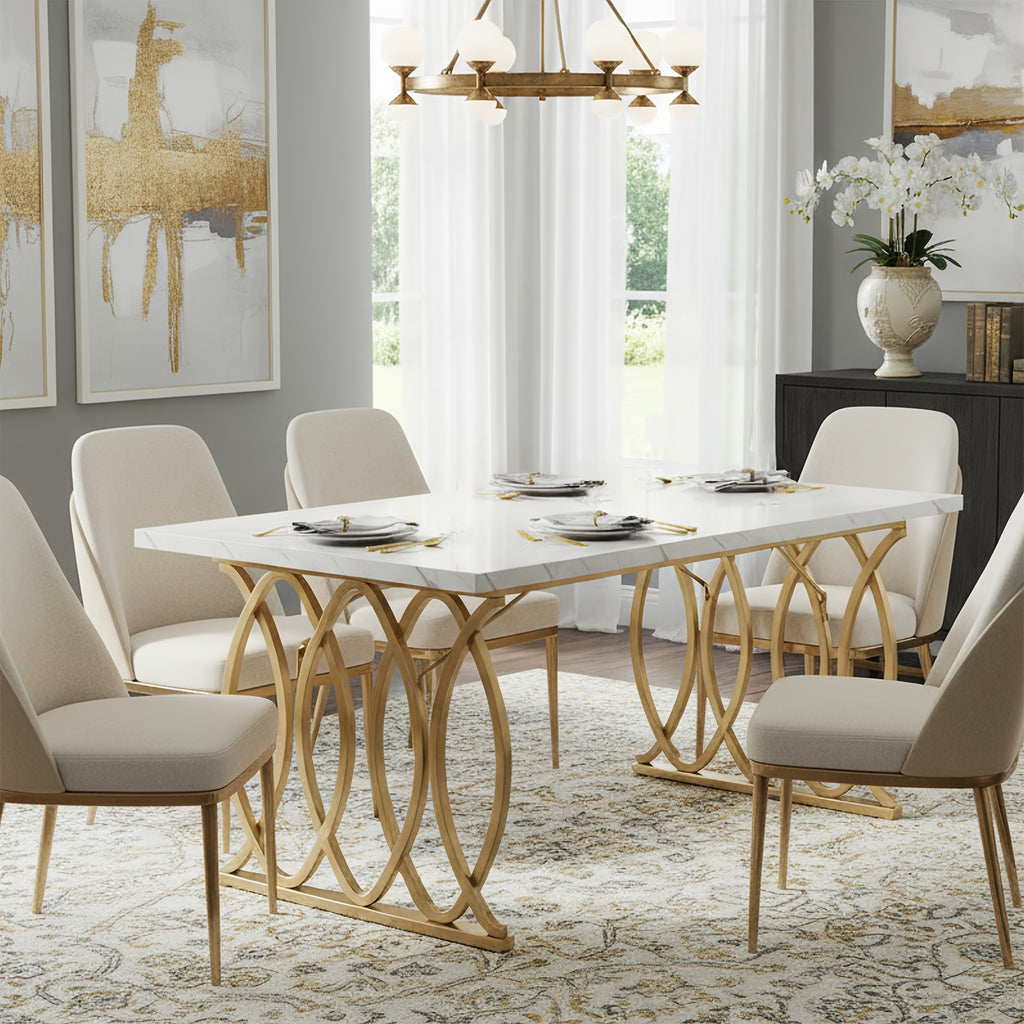 Modern Dining Table, 63" Large Kitchen Table for 4-6 People, Unique Rectangular Dinner Table Kitchen & Dining Room Furniture with Faux Marble Tabletop And Geometric Legs