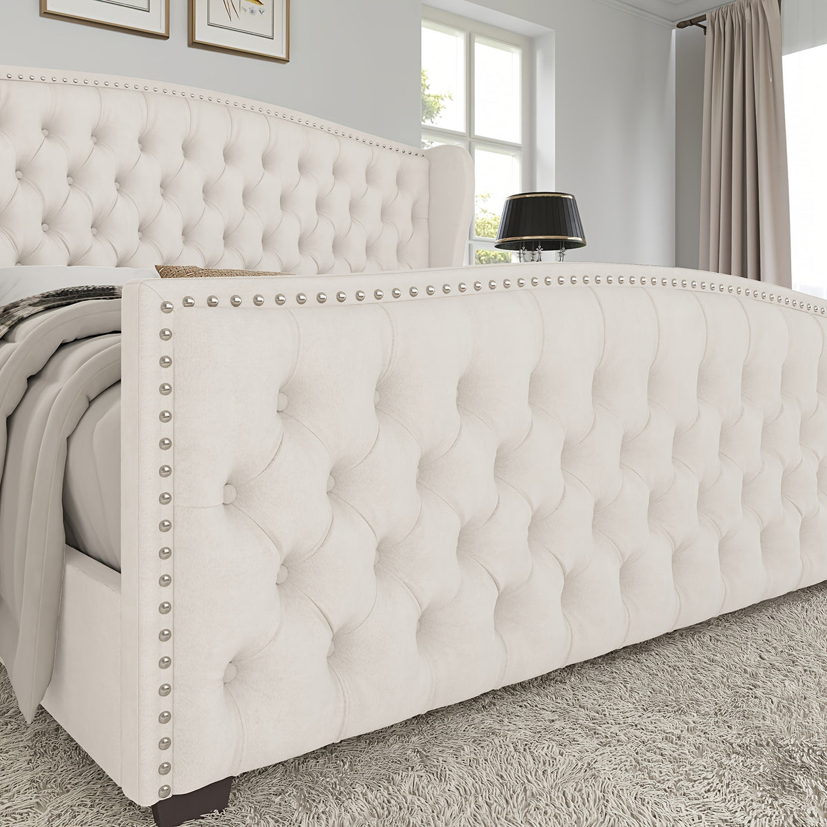 Handcrafted Velvet Bed Frame Featuring a Wingback Headboard, Adorned with Button Tufting And Nailhead Accents, Supported by Wooden Slats.