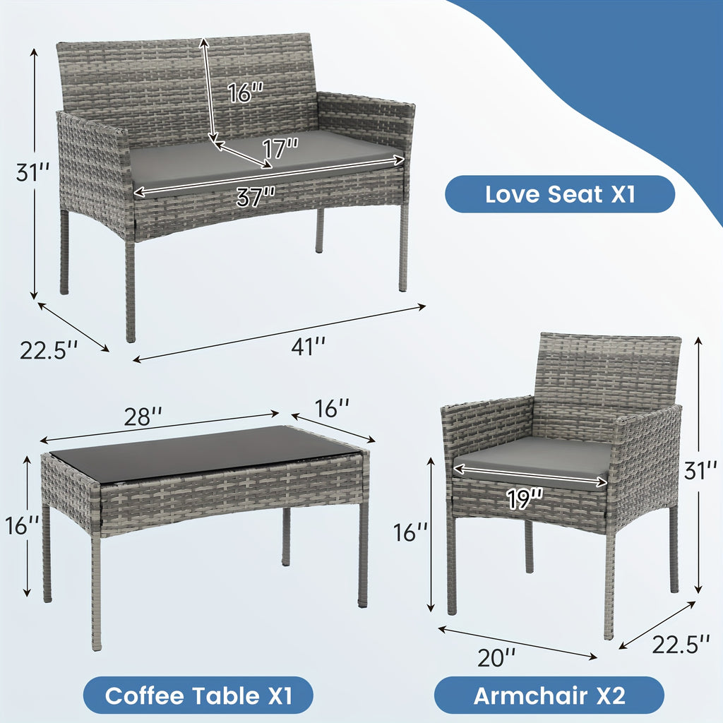 KROFEM 4pcs Wicker Bistro Furniture Set, Includes 2 Chairs with Water Resistant Cushions, Coffee Table, And Comfy Loveseat, Perfect for Any Outdoor Gathering