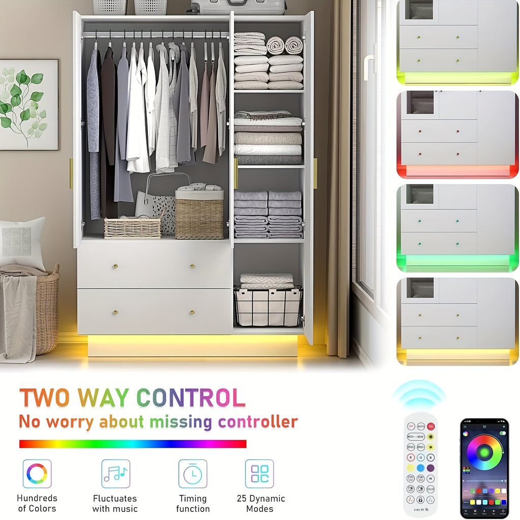 Modern Wardrobe Closet with Mirror And LED Lights, Bedroom Armoire with Drawers And Shelves, Wooden Closet Cabinet with Hanging Rod