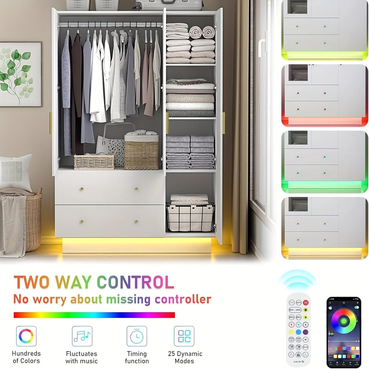 Modern Wardrobe Closet with Mirror And LED Lights, Bedroom Armoire with Drawers And Shelves, Wooden Closet Cabinet with Hanging Rod