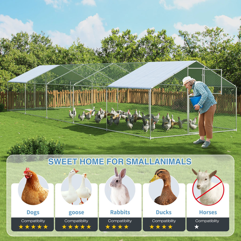 Walk-In Chicken Run with Feeding Port and UV-Resistant Cover, Galvanized Outdoor Poultry Enclosure