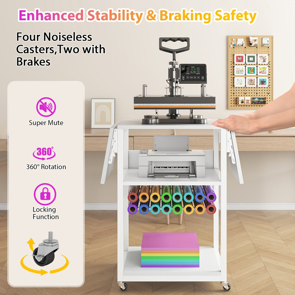 VISOUD 3-Tier Foldable Heat Press Machine Table, Portable Metal Stand with Vinyl Reel Holder, Heavy-Duty for DIY Sublimation Printer, White - Crafts, Crafts & Sewing Supplies, Heat Press Machine Accessories