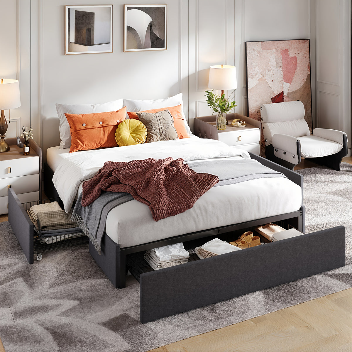 WEEWAY Storage Upholstered Platform Bed Frame, 3 Ample Storage Drawers, Large Under-Bed Space, Wooden Slats Support, No Box Spring Needed, Modern Mattress Foundation, Easy Assembly, Full/Queen Size, Black/Grey Color, for House to Live, Free Shipping