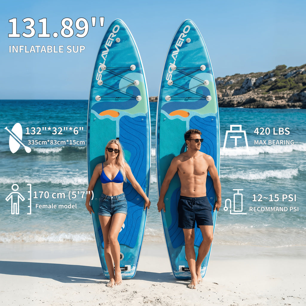 131.89in Inflatable Stand Up Paddle Board, Extra Wide Stable SUP with Premium Accessories Blow Up Paddle Board for Adults, Suitable for Sea And Lake, All Skill Levels