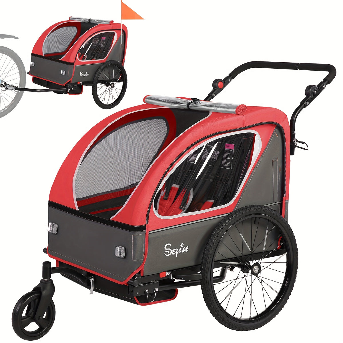 MOJAY Bike Trailer for Kids, 2 In1 Canopy Carrier Converts to Stroller, Suitable for 1 to 2 Toddlers, Kids, Quick Attach to Bike, Foldable, with 5-Point Harness And Storage Bags