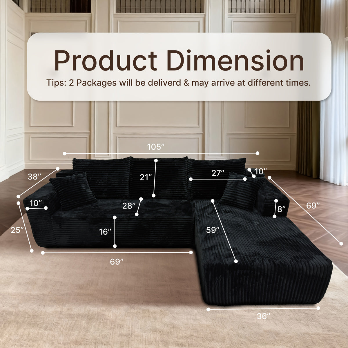 105" Boneless Cloud Couch for Living Room, Modular Sectional Sofa with Chaise, 4-Seater L-Shaped Sofa with Corduroy Fabric, No Assembly Required, Comfy Fluffy Sofa Bed for Bedroom, Compressed Sofa Package.
