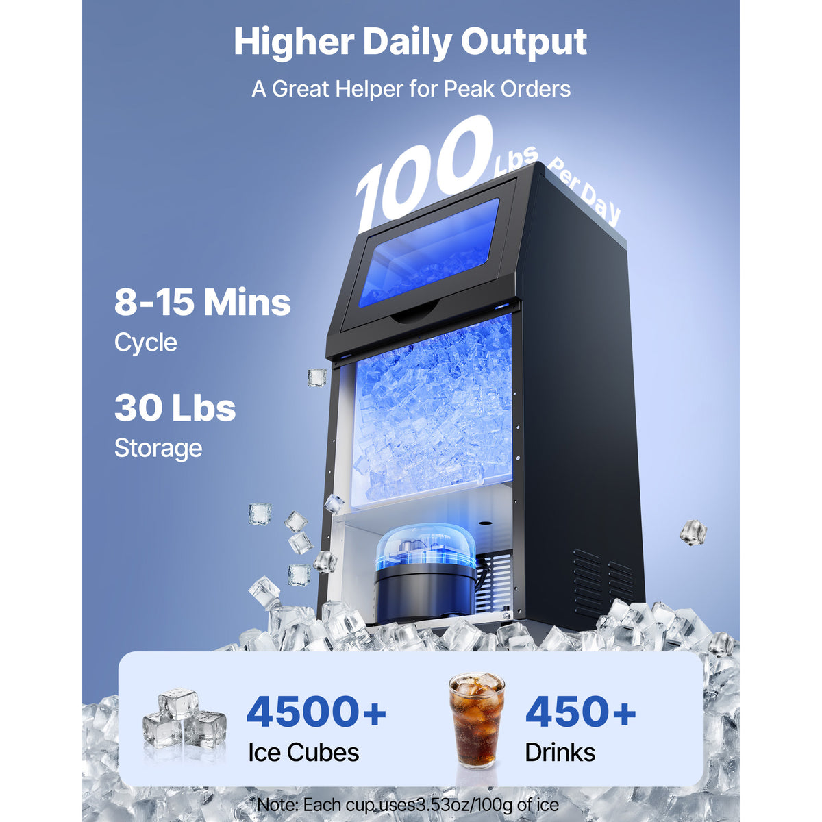 VEVOR Commercial Ice Maker Machine, 100 lbs/24h with 30 lbs Storage Capacity, Built-in/Freestanding/Under Counter, Stainless Steel Ice Maker with LED Display & Self-Cleaning, for Home Bar Restaurant