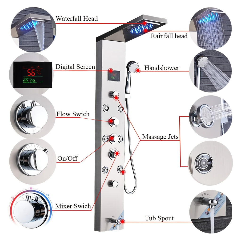 6-Function Modern Shower Panel Tower System with Rainfall Waterfall Shower Head, Handheld Shower & Massage Jets - Brushed Nickel Wall-Mounted Bathtub Faucet Suitable for Bath/Shower, Full Body System with Clarity Basin and Spout