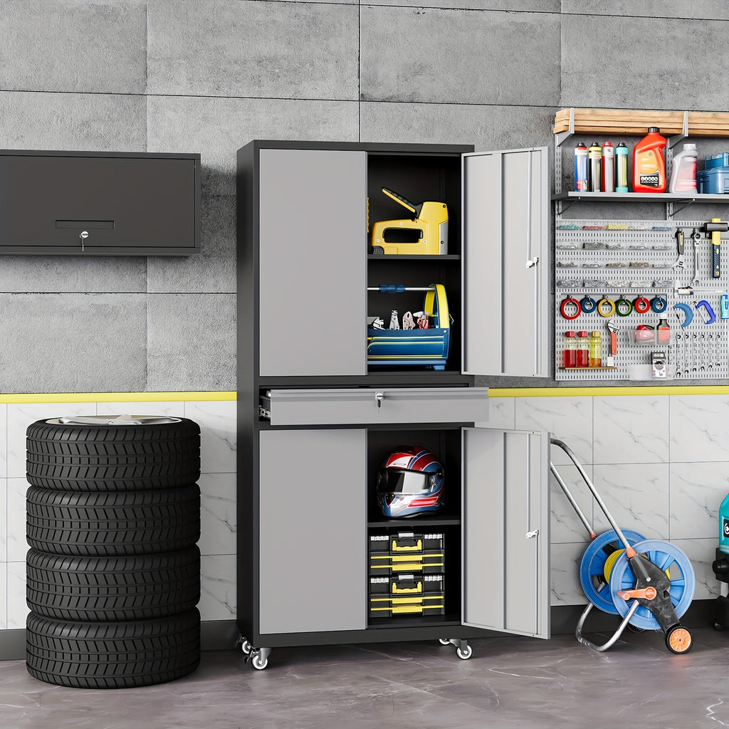 SISESOL Metal Garage Storage Cabinet With Locking Doors And Adjustable Shelves, Rolling Tool Storage Cabinet With 4 Wheels And 1 Drawer - 73" Steel Locking Cabinet For Garage, Warehouse