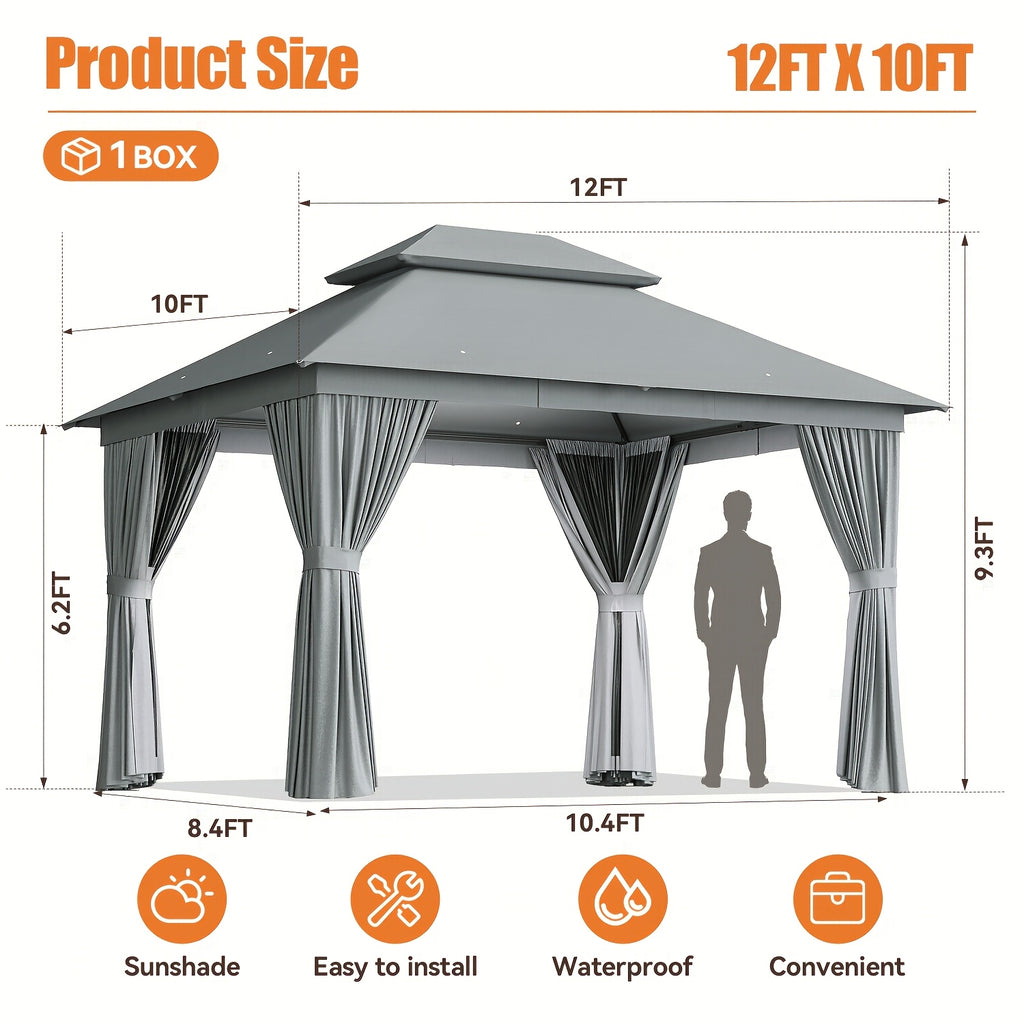 10'X12' Outdoor Double Ventilated Gazebo & Pergola On, Heavy Metal Frame Double Roof, Party Tent with Mosquito Net And Privacy Screen, Suitable for Backyard, Lawn, Garden, Deck (Grey/Beige/Blue 10'X12'/10'X10/8'X8')