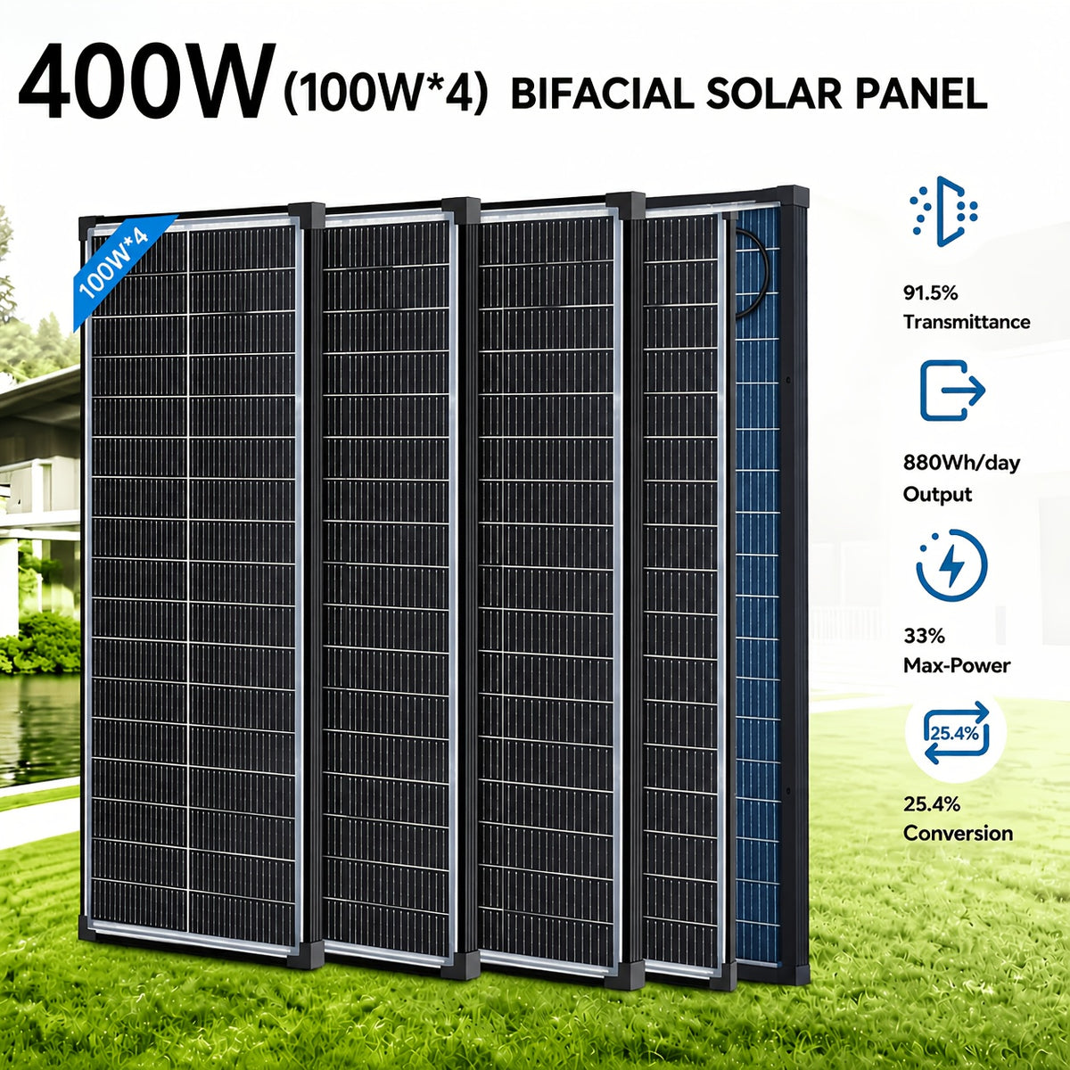 400W/200W Bifacial Solar Panel, 25.5% High-efficiency Monocrystalline, 2 X 200W 12V Solar Modules, Suitable For Farmhouses Roofs, Campers And Other Off-grid Systems N-Type Solar Battery Charging Home Off-Grid, Without Battery