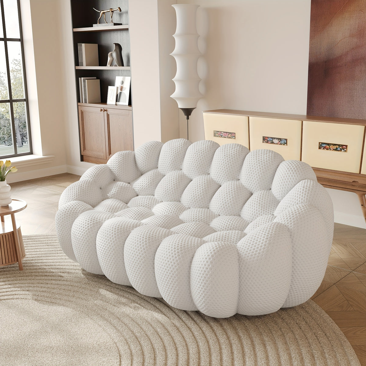 100.03'' Modern Upholstered Curved Sofa, 3 Seater Mesh Fabric Floor Sofa, 3D Honeycomb Shape Curved Couch for Living Room