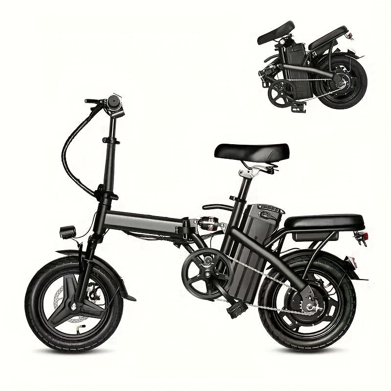 14-inch Lightweight Folding Electric Bicycle, 330 Lbs Load Capacity, 19 Mph Top Speed, Long-Lasting Battery, 48V Removable Lithium Battery with 18-28 Miles of Range, Front Headlight & Disc Brakes, Alloy Steel Frame, Black, for Urban Commuting