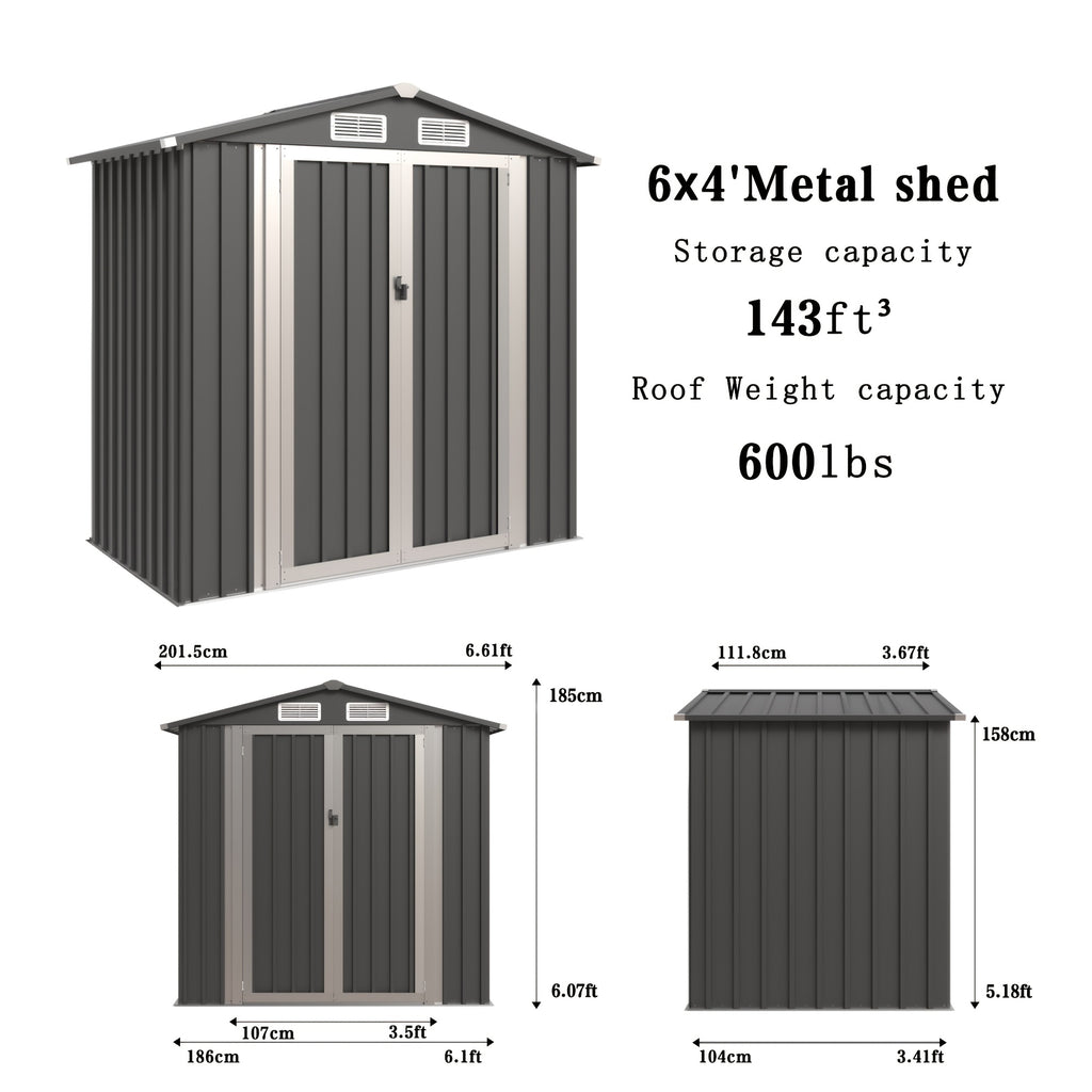 6X4Ft Patio Outdoor Storage Shed with Double Sloping Roof Design, Rain And Sun Protection And Wind Protection, Lockable Door for Bicycles, Power Tools, Farm Tools And Other Sundries, Four Vents