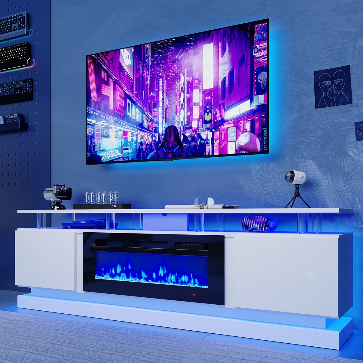 Fireplace TV Stand with 36" Fireplace, Modern High Gloss Fireplace Entertainment Center LED Lights, TV Console Cabinet for TVs Up to 80"