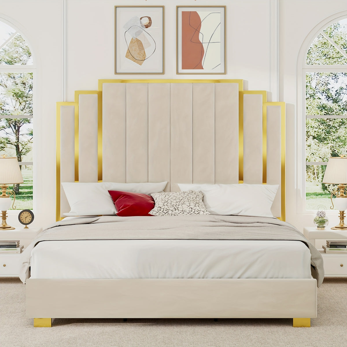 LUXOAK Modern Upholstered Bed Frame with 65" Headboard, Golden Plating Trim, Platform Design - No Box Spring Needed