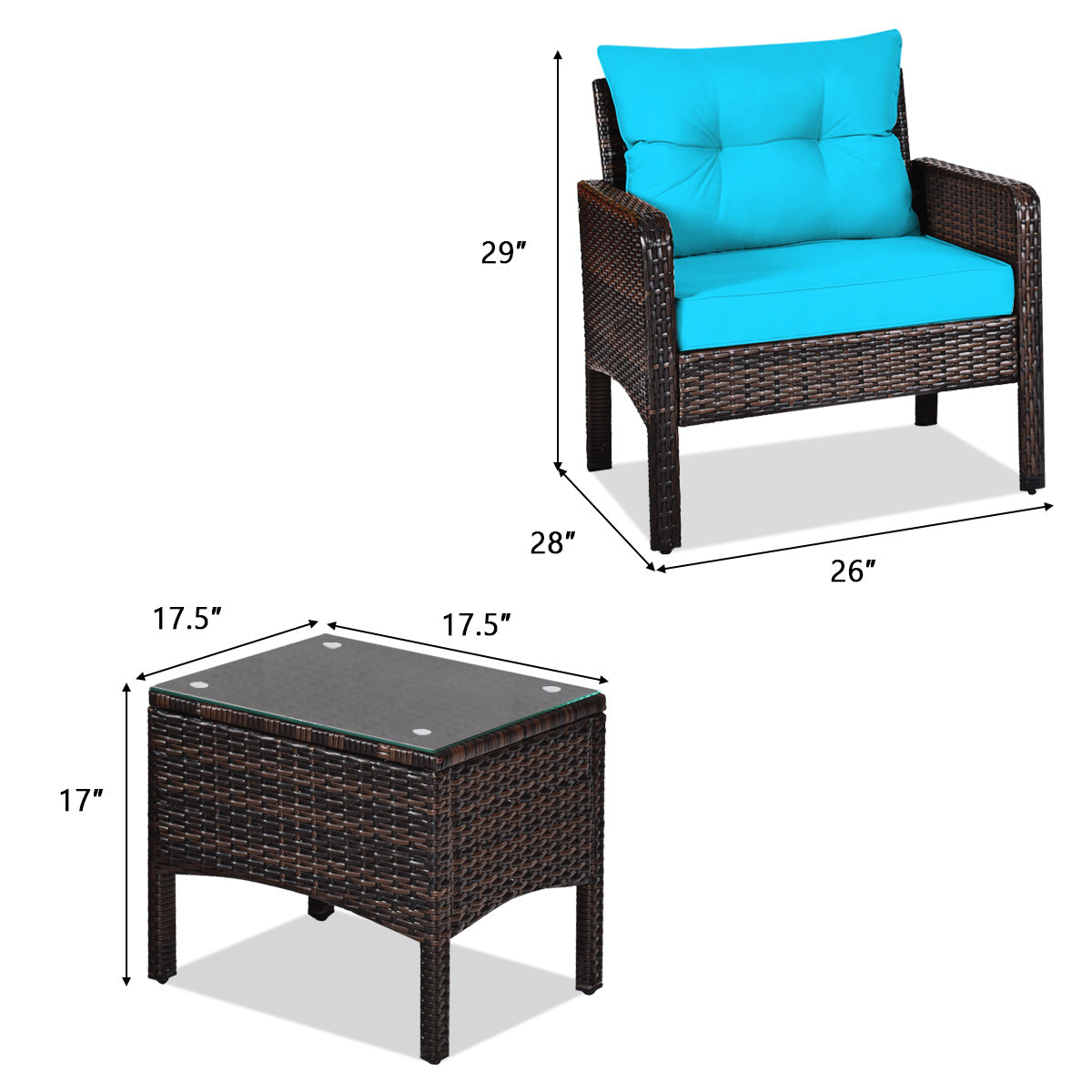 Patio Conversation Set by COSTWAY with Two Cushioned PE Rattan Chairs and Tempered Glass Side Table