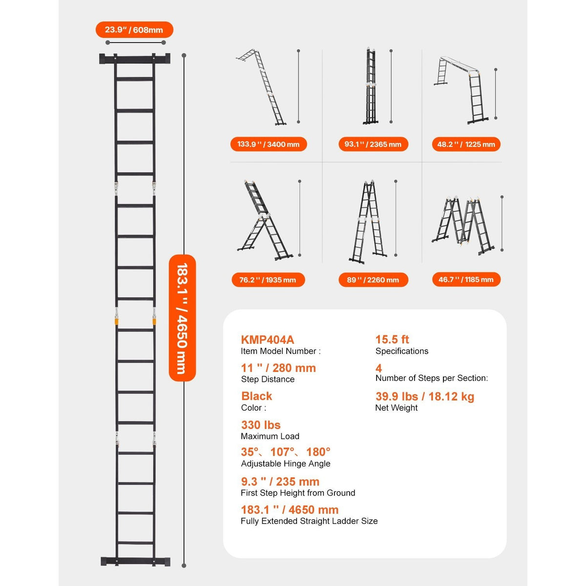 VEVOR Multi-Purpose Folding Ladder 7-in-1 3/4/5 Step 15.5ft with Scaffolding Plank/No accessories