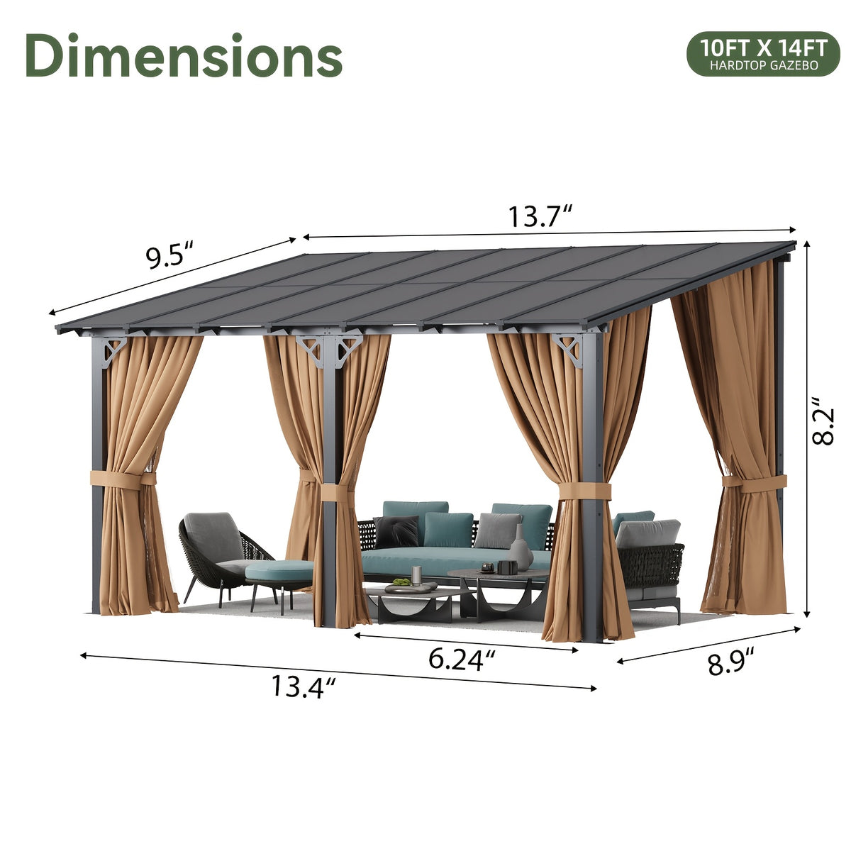 8x10/14x10/12x10/16x10/20x10ft Gazebo, Wall-Mounted Pergola with Drapes, Patio Gazebo Compact Sturdy Hardtop for Gardens Yards Backyard Deck Outdoor(Brown)