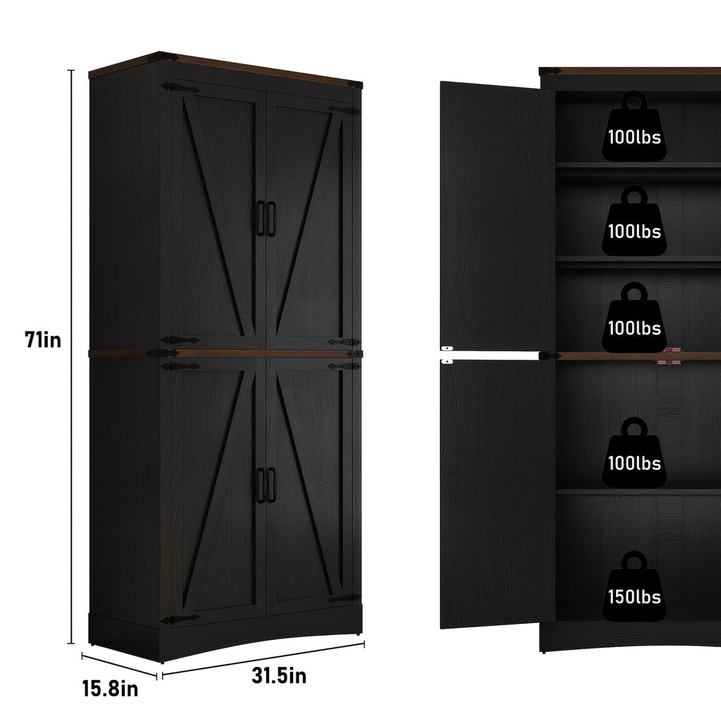 Farmhouse Tall Storage Cabinet with 4 Doors & Adjustable Shelves, 71in Pantry Cabinet for Kitchen, Living Room, Dining Room, Bathroom, Rustic Wood Storage Cabinet