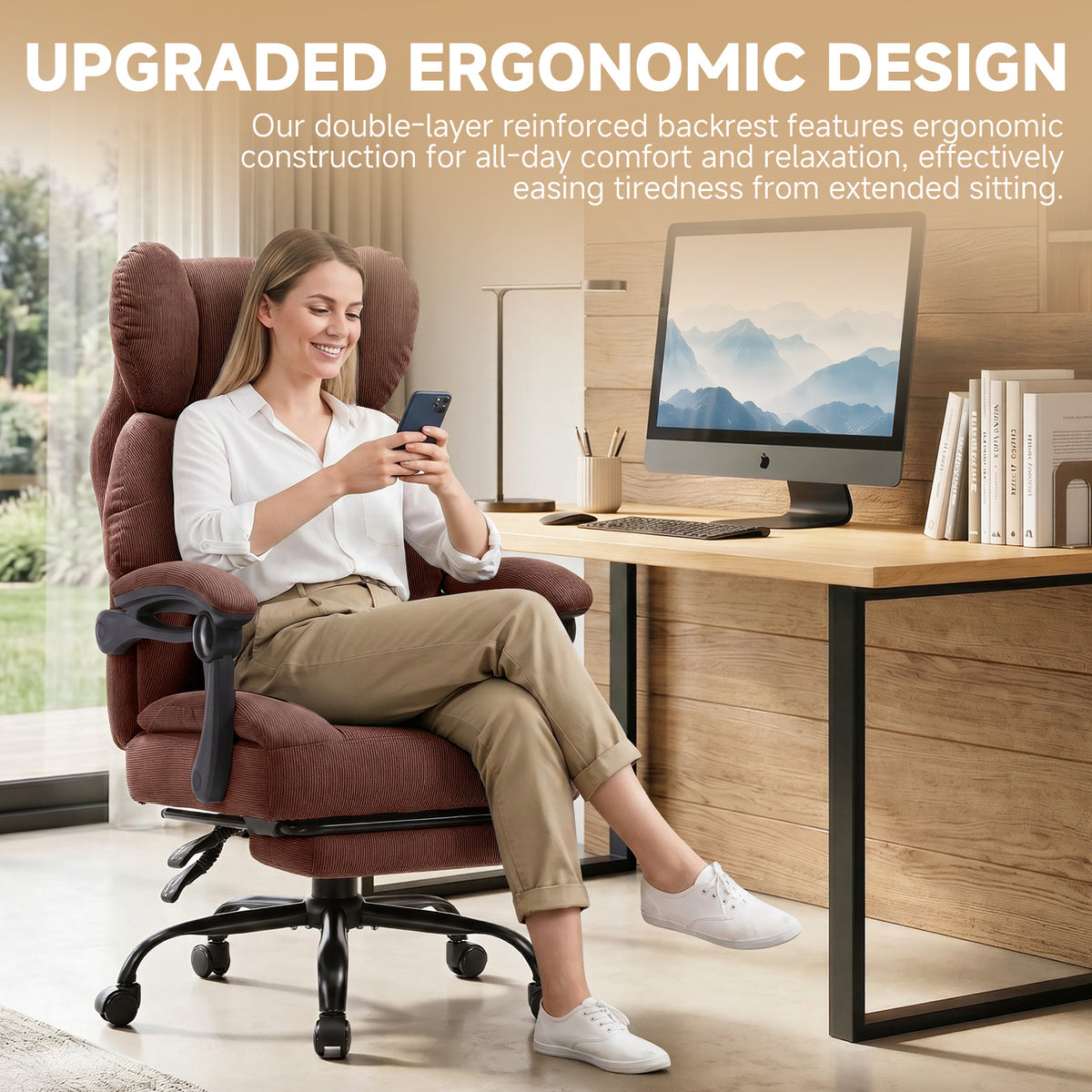 Ergonomic High Back Office Chair with Linkage Widened Armrest, Big&Tall Executive Office Chair, Gaming Chair, Thick Pocket Spring Wide Seated Cushion, Desk Chair with Retractable Footrest for Adults, Faux Leather/Corduroy/Fabric, OC-305