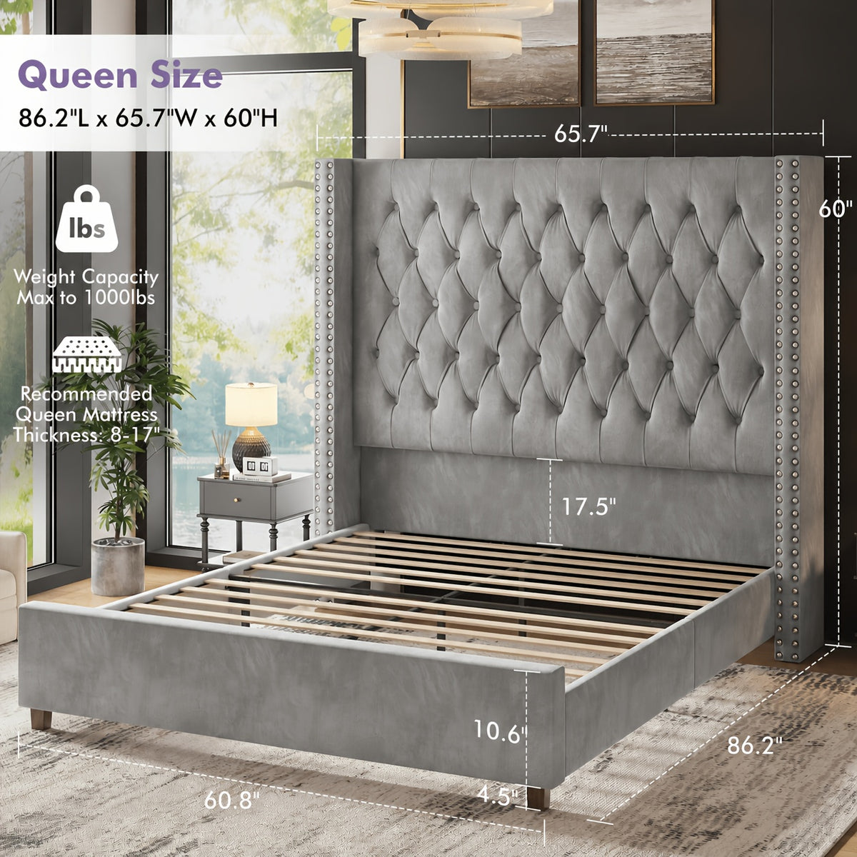 LUXOAK 60 Inch Tall Velvet Bed Frame With Tufted Wingback Headboard, Solid Wood Legs And Slat Support, No Box Spring Needed