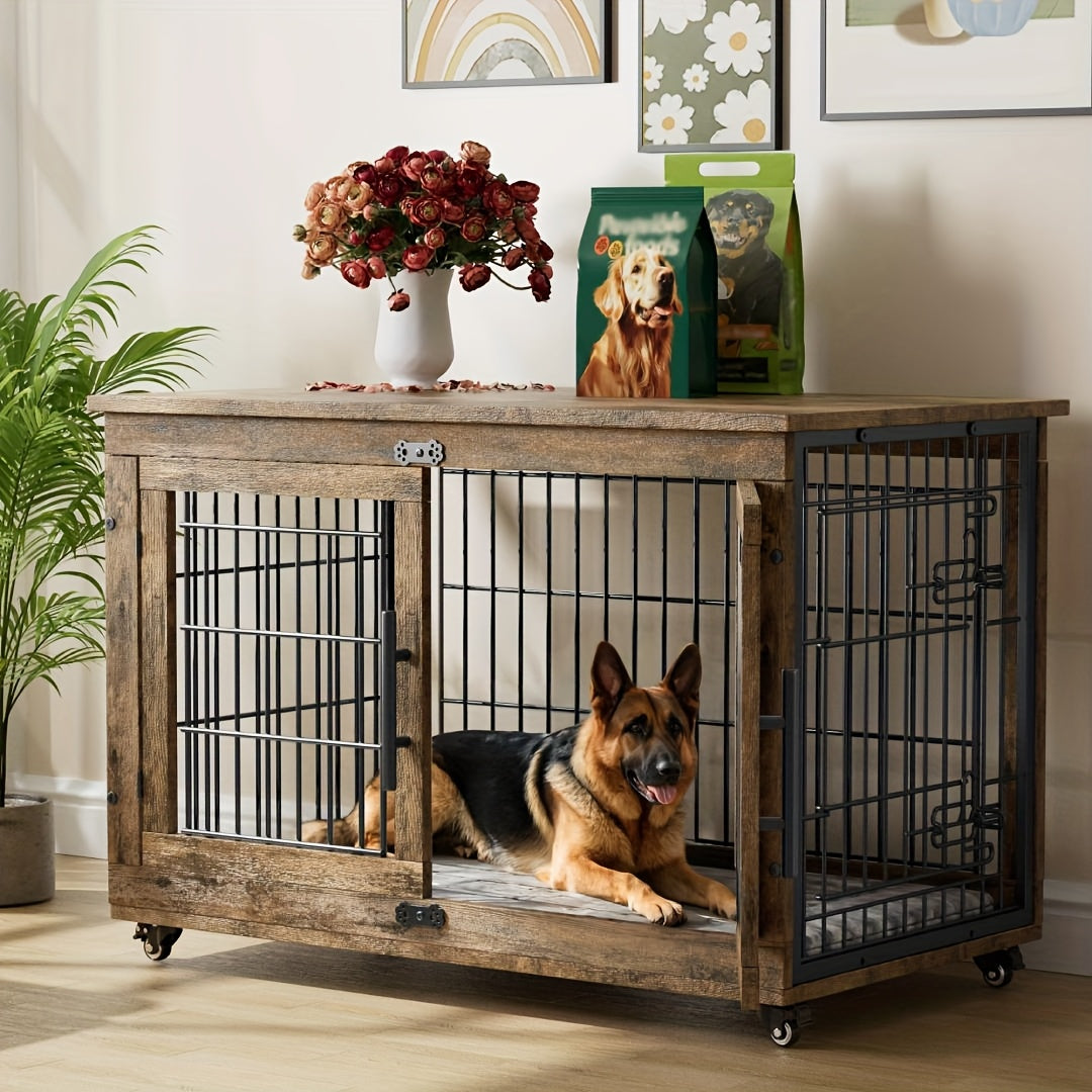 43/36/29/27in Furniture-style Wooden Dog Crate with Anti-Slip Mat, Adjustable Door, Secure Lock, Available In Gray/Brown, Easy to Move with Wheels Or Stable with Anti-Slip Foot Pads, Easy to Clean Pet Cage, Ideal for Home, Living Room Or Bedroom