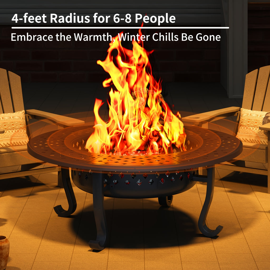 43 Inch Fire Pit with 2 Grills, Outdoor Wood Burning Firepit with Lid, Metal Round Table for Backyard Patio Garden Picnic Camping Bonfire