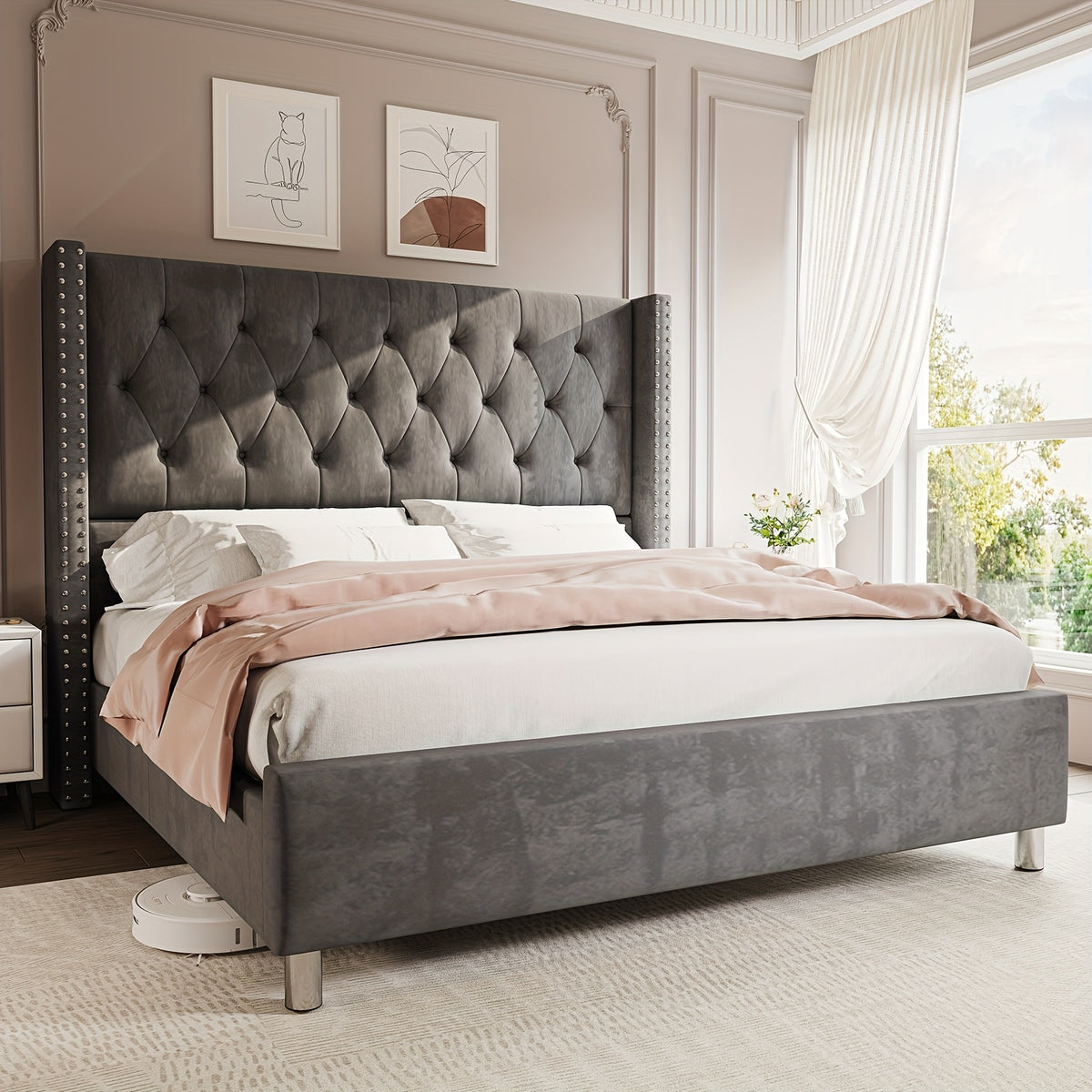 Papajet Velvet Upholstered Bed Frame with Wingback Headboard, No Box Spring Required